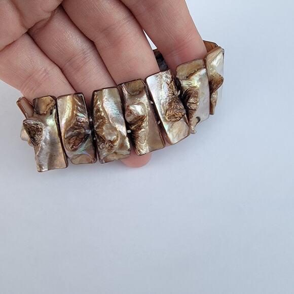 Vintage shell stretch bracelet chunky brown mother of pearl boho - Picture 5 of 10